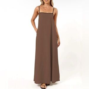 Senllen Women's Linen Loose Fit Maxi Dress Size M Brown/Black NWT